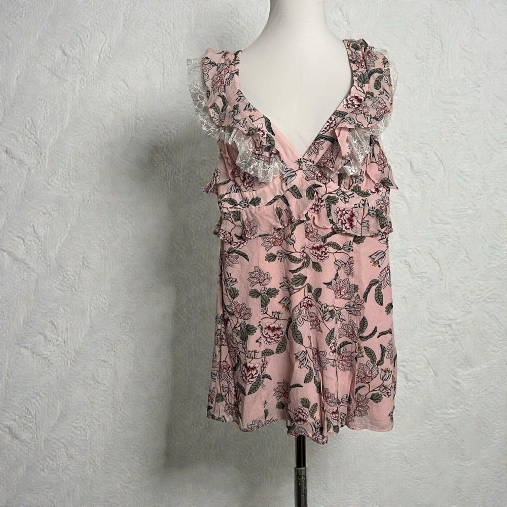 For Love & Lemons Pink Floral Lace Romper | Romantic Ruffle Mini XS - Picture 2 of 8